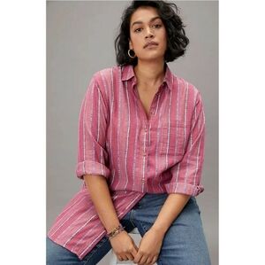 Anthro Pilcro Bo Boyfriend Embroidered Metallic Button Down Shirt Med Oversized